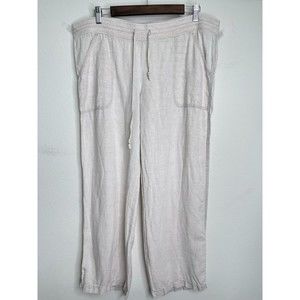 Womens 100% Linen Pants Sz L Straight Drawstring Pull-On Natural By Allen Allen